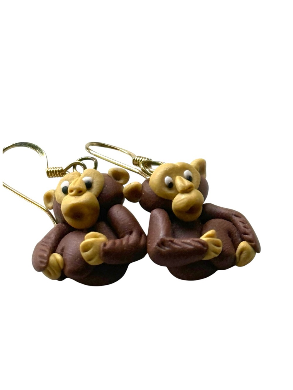 Monkey Figurine Dangle Earrings Brown Gold Tone Novelty Earrings